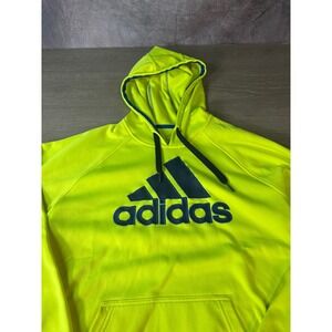 Adidas Mens Solar Yellow Performance Fleece Hoodie Large Navy Logo Pullover